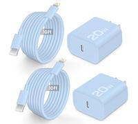 2 Pack Phone Charger 10 Ft Fast Charging, 20W PD USB C Fast Charger with 10 Foot Type C Fast Charging Cable for Phone 14/13/12/11/XSMAX, Pad & More-Blue