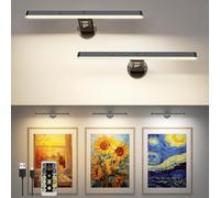 2 Pack Picture Lights for Wall, Rechargeable Wall Lights with Remote Control and Timer, Dimmable & 3 Color Temps, Magnetic Battery Operated LED Picture Lights Indoor for Paintings, Portraits, Black