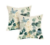 2 Pack Pillowcase Eucalyptus Leaves Green Gold Leaves Butterfly Watercolor Botanical With Invisible Zipper Throw Cushion Cases Modern Cushion Cover For Indoor Couch Decor Bedroom 45X45Cm