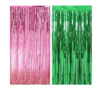 2 Pack Pink and Green Party Decorations 3.28 x 6.56 Ft Tinsel Foil Fringe Curtains, Photo Booth Prop Streamer Backdrop for Birthday,Princess Bachelorette Party, Witch Decorations Supplies