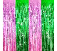 2 Pack Pink and Green Shiny Tinsel Foil Fringe Curtains Party Streamers Party Photo Backdrop for Princess Birthday Witch Theme Decorations