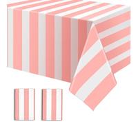 2 Pack Pink and White Striped Tablecloth, 54 x 108 Inch Waterproof Disposable Plastic Table Cover, Rectangular Table Cloths for Birthday Baby Shower Girl's Birthday Party Decoration