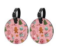2 Pack Pink Christmas Candy Gingerbread Round Luggage Tags PU Leather Handbag Tag Labels Travel Accessories Suitcase ID Tag Set Hand Luggage & Handbags