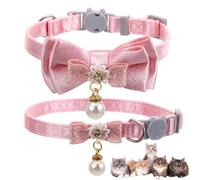 2 Pack Pink Cotton Cat Collar for Girl Cats, Cute Pearl Bow Kitten Collars Breakaway Safety Buckle Cats Pet Collars Adjustable from 20cm to 30cm