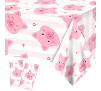 2 Pack Pink Pig Tablecloths, Plastic Covers for Birthday Parties | 86.6 x 51.2 Inch Pink Striped Covers with Smiling Pig Faces for Baby Shower Farm Animal Birthday Dessert Buffet Table Setting