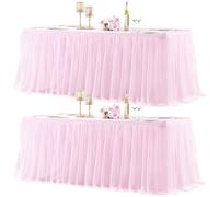 2 Pack Pink Table Cloth for 6 Foot Rectangle Tables, Pink Stretch Fitted Tulle Table Covers Skirt, Rectangular Ruffle Tutu Tablecloth Wedding Banquet Baby Shower Cake Tablecloths Decorations