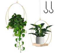 2 Pack Plant Hanger With Wood Base,Hanging Planters Baskets,High-Strength Titanium Steel Macrame Plant Hanger,Indoor Outdoor Flower Pot & Planter Basket Hanging Hooks (Golden ring with Wooden bas)