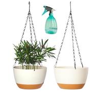 2 Pack Plastic Hanging Planters Set ,8.3 Inch Hanging Flower Plant Pot with Drainage Hole for Indoor Outdoor Plants, Round Hanging Basket with Removable Tray for Home Garden Porch Balcony Patio Decor