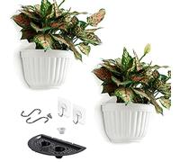 2 Pack Plastic Wall Plant Pots Vertical Garden Living Wall Mounted Window Hanging Basket Fence Planters Indoor Outdoor for Plants Flowers Kitchen Herbs Holder with Drainage Water Reservoir Decor White