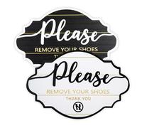 2 Pack Please Remove Your Shoes Sign, Wooden Shoes Off Sign for Home Office Decorations (Black + White)