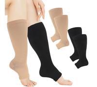 2 Pack Plus Size Wide Calf Compression Socks,20-30 mmHg Flight Socks for Women Large Calves,Toeless Open Toe Compression Socks for Women for Flight Athletic Nurse Support Travel, 3XL(Black,Skin)