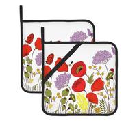 2 Pack Pot Holders for Kitchen,Poppy Flowers Honey Bees Butterfly Heat Resistant Potholders with Hanging Loop Pockets,Oven Hot Pads Cloth Microwave Pot Holder for Cooking,Camping,Baking