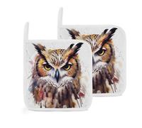 2 Pack Pot Kitchen Holders Sets Heat Resistant Food Hot Pad Mat 8 Inch Watercolor Cool Owl Head Potholders with Hanging Loop Soft Cotton Lining Trivet for Cooking Baking BBQ Essential Decor