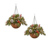 2 Pack Pre-Lit Artificial Christmas Hanging Basket with Pine Cones Berries and Clusters Frosted Branches, 40cm Large Light Up Xmas Hanging Basket for Porch Front Door Holiday Christmas Decorations