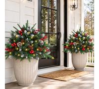 2-Pack Pre-Lit Christmas Pot Inserts, Christmas Tree Urn Filler with Lights | 50 Multicolor LED Lights, 6H On/18H Off Timer, 8 Modes, Battery Operated, Pre-Decorated Christmas Planters for Porch, Garden