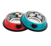 2 Pack Printed Stainless Steel Cat Bowls - 8 fl oz Anti-Skid Food & Water Cat Feeding Bowls | Cat Dish for Food and Water Bowl | Cat Feeding Bowl for Kitten (Blue & Red)