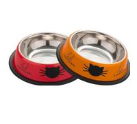 2 Pack Printed Stainless Steel Cat Bowls - 8 fl oz Anti-Skid Food & Water Cat Feeding Bowls | Cat Dish for Food and Water Bowl | Cat Feeding Bowl for Kitten (Orange & Red)