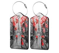 2 Pack PU Leahter Luggage Tag with Stainless Steel Loop,Eiffel Tower Paris Luggage Tag Travel Suitcase Labels with Privacy Cover ID Label Quickly Spot for Bags & Baggage