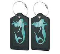 2 Pack PU Leahter Luggage Tag with Stainless Steel Loop,Green Mermaid Luggage Tag Travel Suitcase Labels with Privacy Cover ID Label Quickly Spot for Bags & Baggage