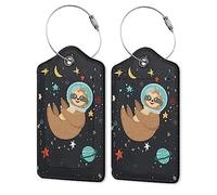 2 Pack PU Leahter Luggage Tag with Stainless Steel Loop,Sloth Space Travel Luggage Tag Travel Suitcase Labels with Privacy Cover ID Label Quickly Spot for Bags & Baggage