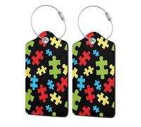 2 Pack Pu Leather Luggage Tag for Suitcase,Puzzle Colorful Autism Awareness Suitcase Tag with Privacy Cover Name Id Label and Metal Loop for Women Men Baggage Bags and Backpacks Travel Essentials