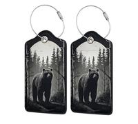 2 Pack Pu Leather Luggage Tags, Bear in Tree Woods Stainless Steel Loop Label Tag for Suitcases,Travel Stamp Luggage Label for Women Girls Travel Bag Suitcase