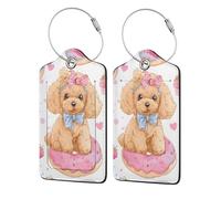 2 Pack PU Leather Luggage Tags, Doughnut Dog Pattern Stainless Steel Loop Label Tag for Suitcases,Travel Stamp Luggage Tag for Women Girls Travel Bag Suitcase