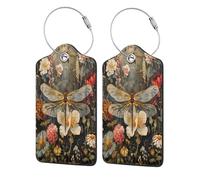 2 Pack Pu Leather Luggage Tags, Dragonfly On Vintage Flowers Stainless Steel Loop Label Tag for Suitcases,Travel Stamp Luggage Label for Women Girls Travel Bag Suitcase