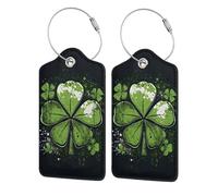 2 Pack Pu Leather Luggage Tags, Green Clover Black Stainless Steel Loop Label Tag for Suitcases,Travel Stamp Luggage Label for Women Girls Travel Bag Suitcase