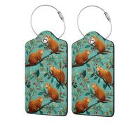 2 Pack Pu Leather Luggage Tags, Groundhog Leaves Red Flower Pattern Stainless Steel Loop Label Tag for Suitcases,Travel Stamp Luggage Tag for Women Girls Travel Bag Suitcase