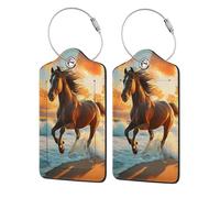 2 Pack Pu Leather Luggage Tags, Horses by The Seaside Stainless Steel Loop Label Tag for Suitcases,Travel Stamp Luggage Label for Women Girls Travel Bag Suitcase