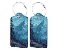 2 Pack Pu Leather Luggage Tags, Moon Blue Mountains Trees Stainless Steel Loop Label Tag for Suitcases,Travel Stamp Luggage Label for Women Girls Travel Bag Suitcase