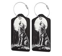 2 Pack PU Leather Luggage Tags, Moon Howl Black Wolf Stainless Steel Loop Label Tag for Suitcases,Travel Stamp Luggage Tag for Women Girls Travel Bag Suitcase