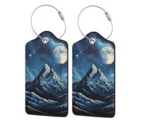 2 Pack Pu Leather Luggage Tags, Moon Snow Mountains Trees Stainless Steel Loop Label Tag for Suitcases,Travel Stamp Luggage Label for Women Girls Travel Bag Suitcase