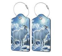 2 Pack PU Leather Luggage Tags, Mountain Goat Stainless Steel Loop Label Tag for Suitcases,Travel Stamp Luggage Tag for Women Girls Travel Bag Suitcase