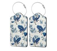 2 Pack Pu Leather Luggage Tags, Pine Branch Bluebird Pattern Stainless Steel Loop Label Tag for Suitcases,Travel Stamp Luggage Tag for Women Girls Travel Bag Suitcase