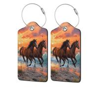 2 Pack PU Leather Luggage Tags, Seaside Horse Stainless Steel Loop Label Tag for Suitcases,Travel Stamp Luggage Label for Women Girls Travel Bag Suitcase