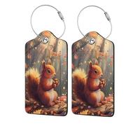 2 Pack Pu Leather Luggage Tags, Squirrel Autumn Leaves Stainless Steel Loop Label Tag for Suitcases,Travel Stamp Luggage Label for Women Girls Travel Bag Suitcase