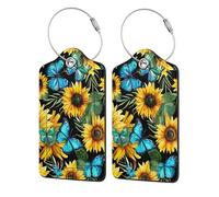 2 Pack Pu Leather Luggage Tags, Sunflower Blue Morpho Stainless Steel Loop Label Tag for Suitcases,Travel Stamp Luggage Tag for Women Girls Travel Bag Suitcase