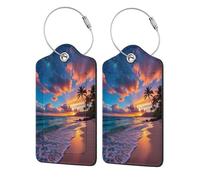 2 Pack Pu Leather Luggage Tags, Sunset by The Seaside Stainless Steel Loop Label Tag for Suitcases,Travel Stamp Luggage Label for Women Girls Travel Bag Suitcase