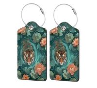 2 Pack PU Leather Luggage Tags, Swimming Tiger Lotus Leaves Stainless Steel Loop Label Tag for Suitcases,Travel Stamp Luggage Label for Women Girls Travel Bag Suitcase