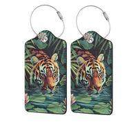 2 Pack PU Leather Luggage Tags, Tiger Tropical Leaves Lotus Stainless Steel Loop Label Tag for Suitcases,Travel Stamp Luggage Label for Women Girls Travel Bag Suitcase