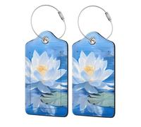 2 Pack PU Leather Luggage Tags, White Lotus in Water Stainless Steel Loop Label Tag for Suitcases,Travel Stamp Luggage Label for Women Girls Travel Bag Suitcase