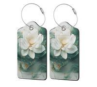 2 Pack PU Leather Luggage Tags, White Lotus Stainless Steel Loop Label Tag for Suitcases,Travel Stamp Luggage Label for Women Girls Travel Bag Suitcase