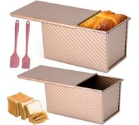 2 Pack Pullman Loaf Tin Set with Lid and Silicone Spatula & Brush, Non-Stick Carbon Steel Bread Baking Pan, Rose Gold Corrugated Toast Box, 450g Dough Capacity Bakeware for Homemade Cakes and Meatloaf