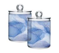 2 Pack Qtip Holder Dispenser Blue Marble Ink Modern Fluid Art (2) Bathroom Storage Canister Lid 10 oz Acrylic Plastic Apothecary Jar Set Vanity Makeup Organizer for Cotton Swab/Ball/Round Pads, Floss