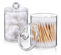 2 Pack Qtip Holder Dispenser for Cotton Ball, Cotton Swab, Cotton Round Pads, Floss - Clear Plastic Apothecary Jar Set for Bathroom Canister Storage Vanity Makeup Organizer (2 Pack)