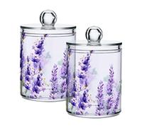 2 Pack Qtip Holder Dispenser for Cotton Ball Purple Lavender Cotton Swab Cotton Round Pads Clear Plastic Acrylic Jar Set Bathroom Canister