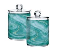 2 Pack Qtip Holder Dispenser Green Teal Marble Texture Bathroom Canister Storage Jars Clear Makeup Organizer Cotton Ball Pads Swabs Floss Containers