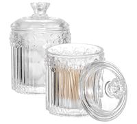 2 Pack Qtip Holder Glass Apothecary Jars with Lids Bathroom Accessories Vanity Organizers and Makeup Storage Canister for Cotton Swabs, Balls, Pads, Floss Picks, Candy, Clear